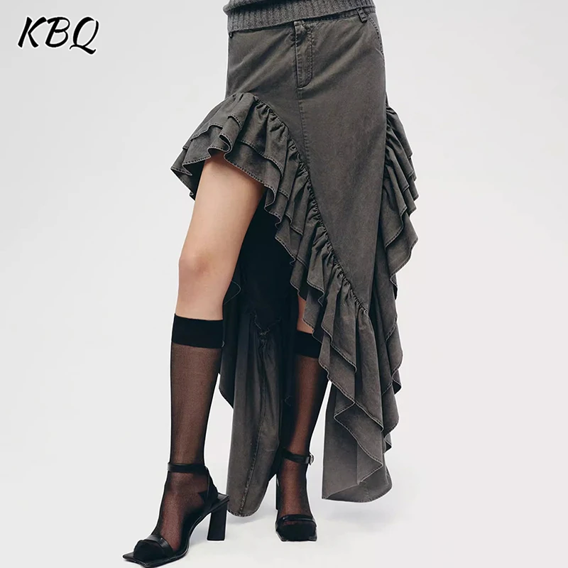 KBQ Solid Patchwork Ruffles Denim Skirts For Women High Waist Spliced Pockets Casual Irregular Skirt Female Fashion Style New