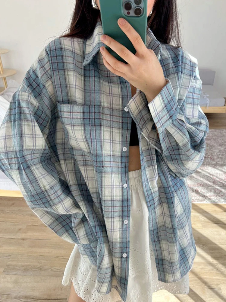 Mueyaruho Women 2024 Autumn Winter Long Sleeve Blue Plaid Shirt Vintage Oversized Loose Fit Blouse For Woman