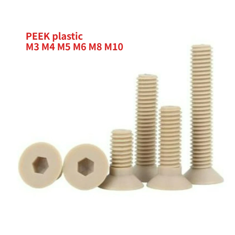 2/5/10pcs M3 M4 M5 M6 M8 M10 PEEK High-temperature Strength Hexagon Hex Socket Head Flat Countersunk Allen Bolt Screw