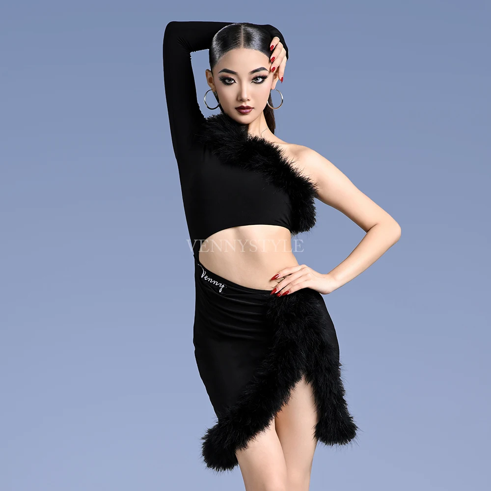 Vennystyle Latin dance dress for women Adult Training Dress One-shoulder gloves Long sleeve halter fringe dance dress