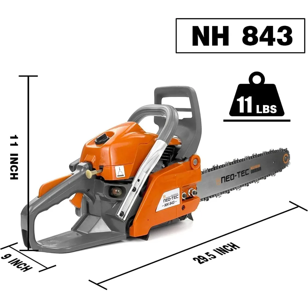 منشار غاز 43cc، رأس طاقة NH843 مع شريط ودليل سلسلة 16 بوصة، منشار سلسلة الطاقة 2.95HP 2,2KW 16 بوصة مناشير البنزين