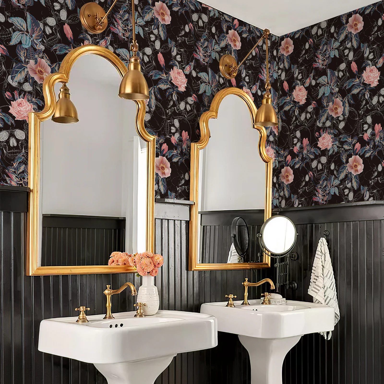 Retro Halloween Skull Rose Wallpaper Waterproof Peel And Stick Festival Wall Contact Paper Chic Pink Flower Cabinet Sticker