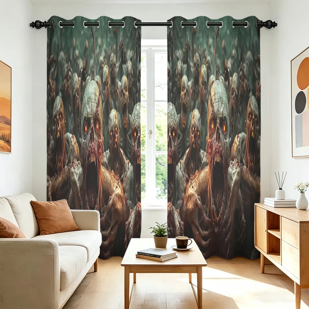 2pcs Dense Zombie Army Horror Double Sided Grommet Curtains Light Blocking Privacy Curtain For Bedroom Living Room Halloween