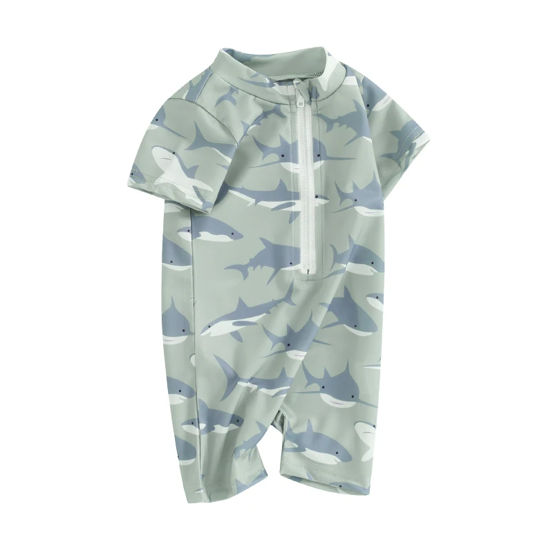 

Baby Boy's Short Sleeve Swimsuit Round Neck Half Zip Up Shark Print Rash Guard Swimsuit Infant Toddler Bathing Suit