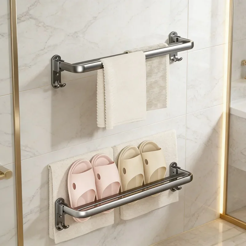 

Space aluminum folding towel rack non perforated wall mounted double pole towel bar bathroom toilet wall storage holder rack