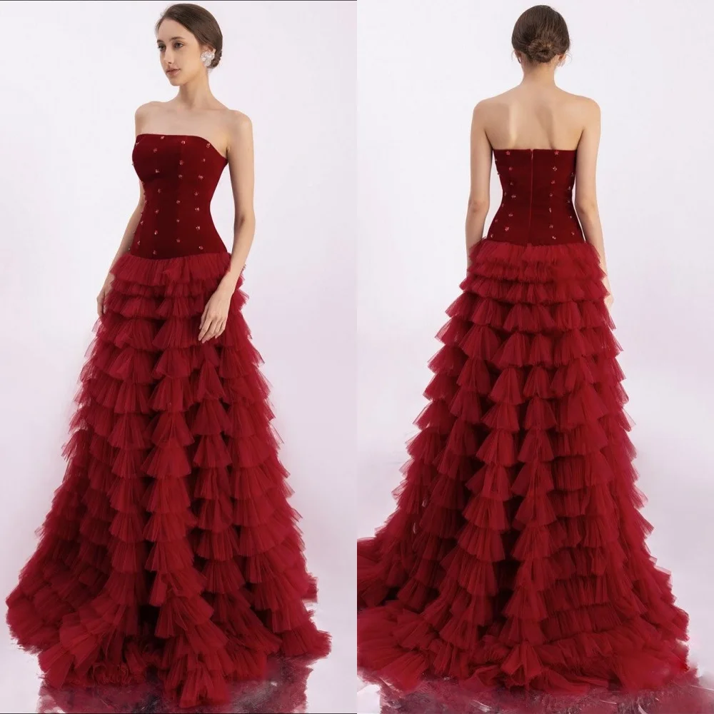 맞춤 제작된 정교한 튤 플리츠 티어드 라인스톤 A라인 스트랩리스 롱 드레스 맞춤형 행사 드레스 다양한 사이즈 캐주얼