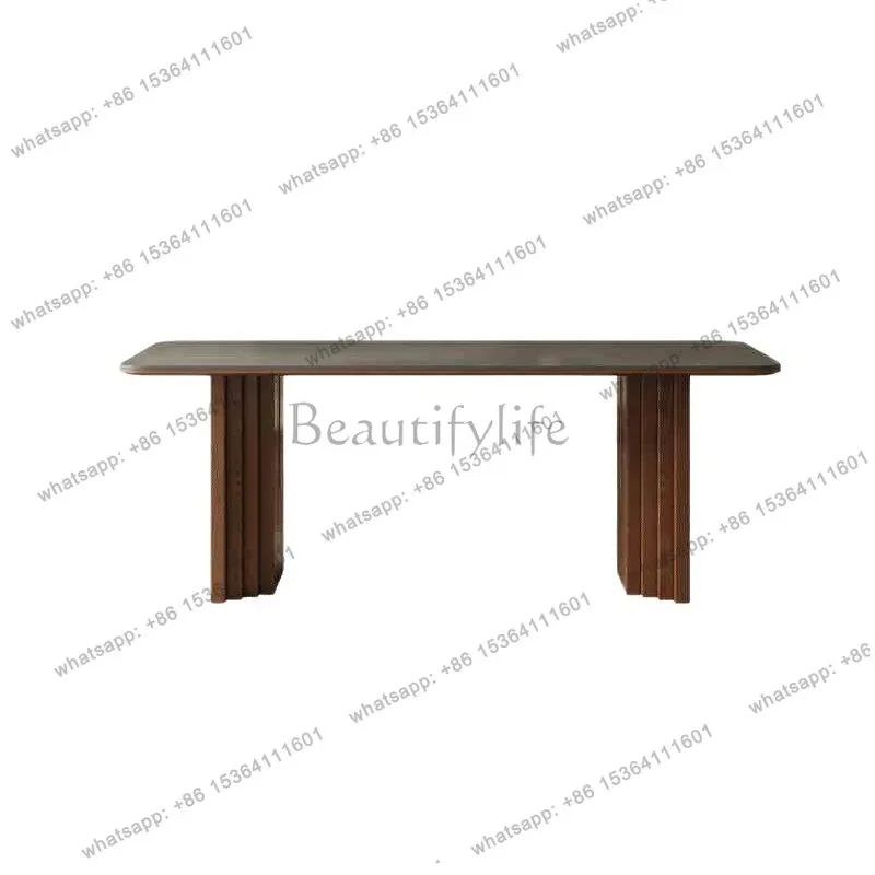 Medieval style solid wood rock slab dining table rectangular household retro simple modern walnut color dining table