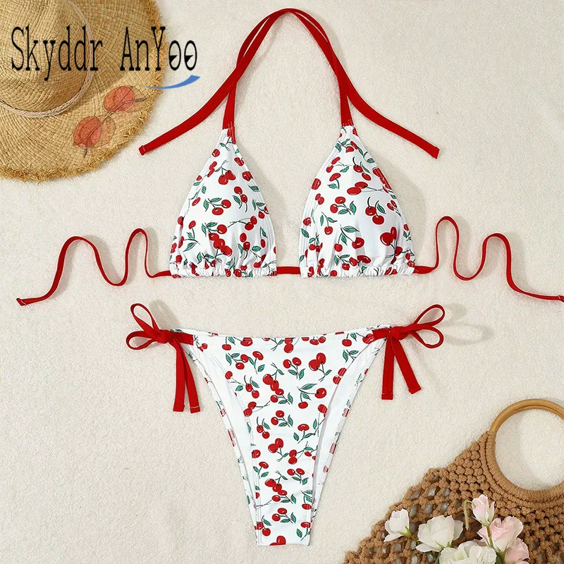 

Halter Bandage Sexy Women's Swimsuit 2025 Cherry Printed Two Piece Plus Size Swimwear Bikinis Sets Bathing Suit