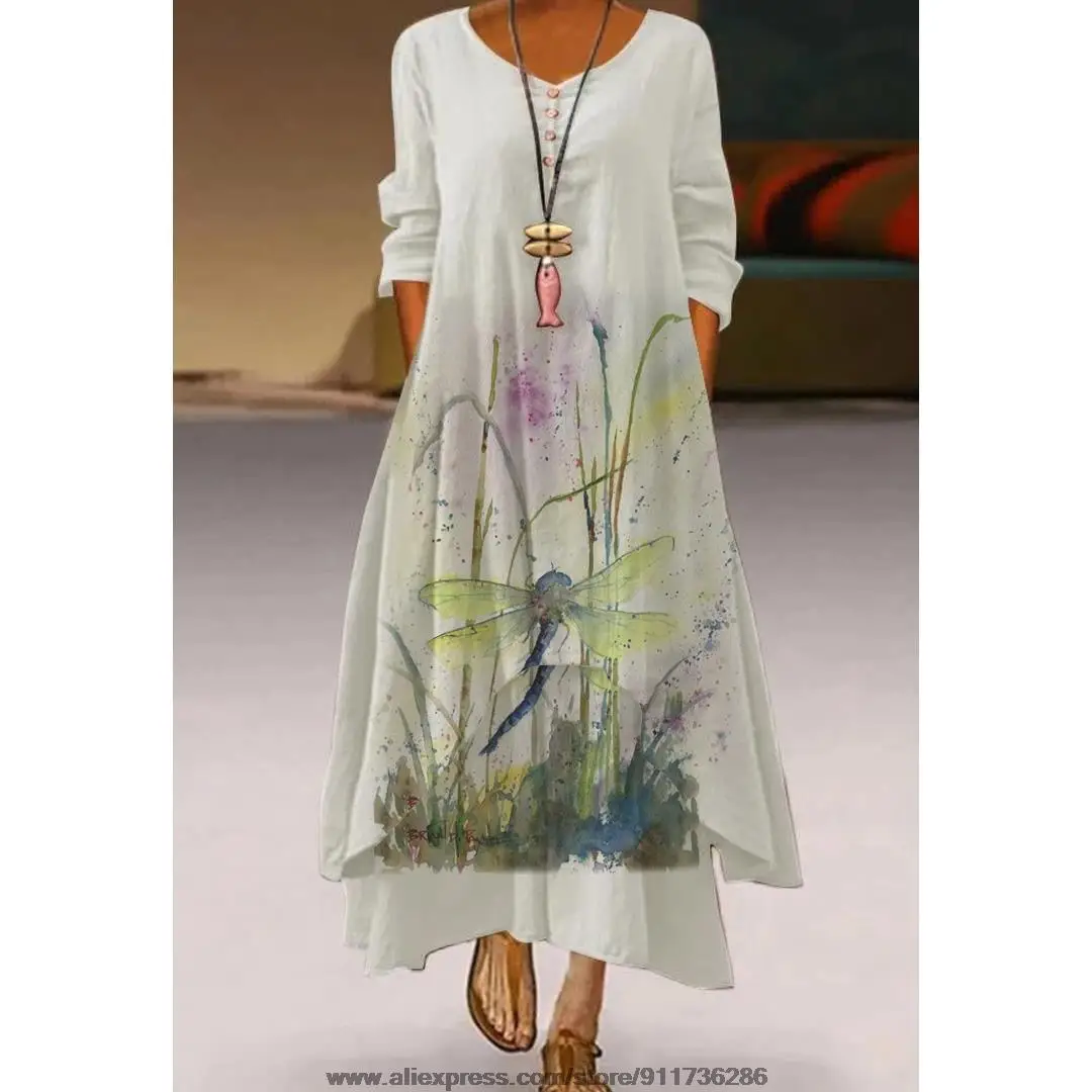 Summer Women Robe Plus Plus Size Midi Dreeses Long Sleeve One-piece Dress Dragonfly Flowers Printing Femininity Clothes