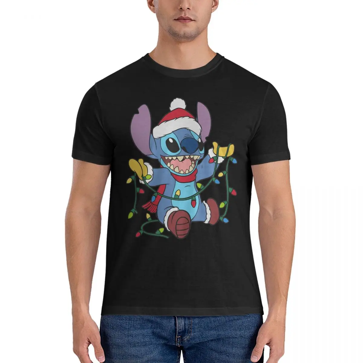 Novelty Christmas T-Shirts Men Crewneck 100% Cotton T Shirt Disney Lilo & Stitch Film Short Sleeve Tees Gift Idea Clothes