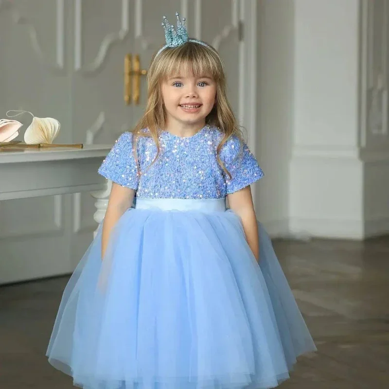 Kids Girls Sequin Dress for White Wedding Party Tutu Ball Kid Evening Formal Gowns 3-8Y Children Communion Fluffy Princess Dress