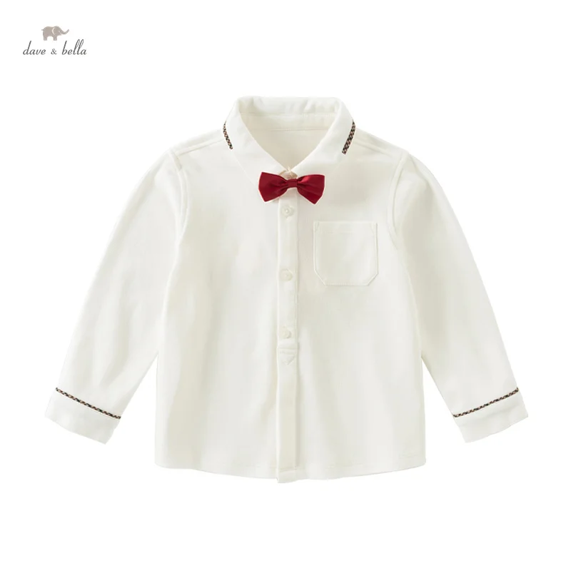 Dave Bella Boys Shirt Kids School Uniform Long Sleeve with Bowtie Gentelmal 100% Cotton White Children Clothes DB3241973