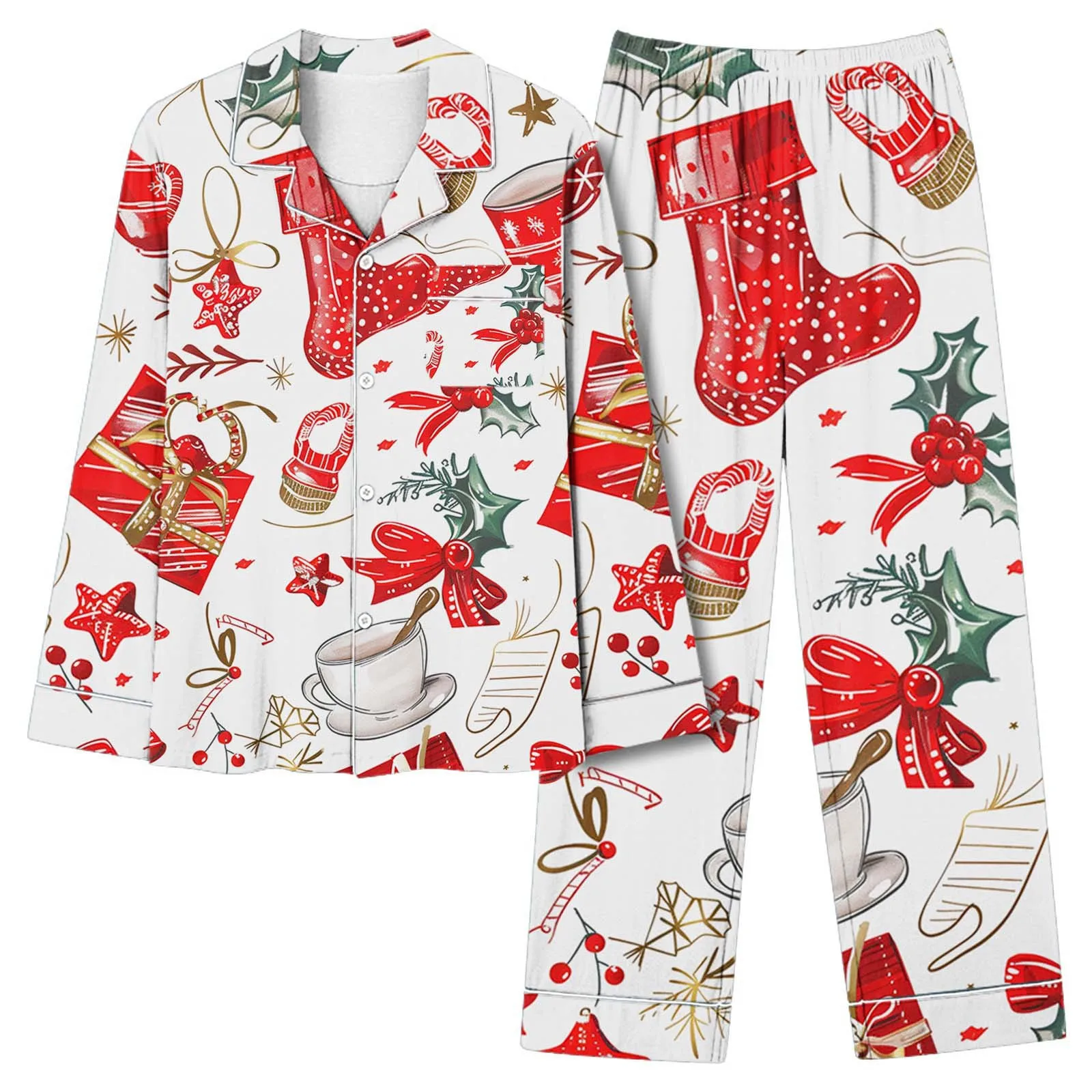

Autumn New Style Bow-Printed Christmas Hat Casual Long-Sleeved Pants Pajama Set for Women Пижама Женская