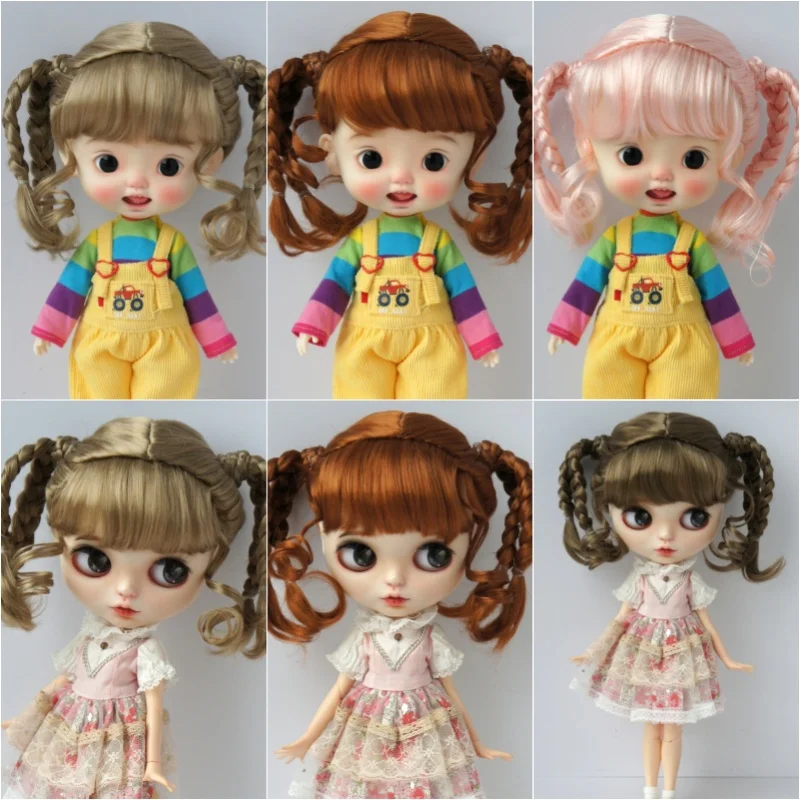 JD617  9-10inch 10-11inch  Full bangs with Double Braids pony Synthetic mohair BJD  wigs  Nero Blythes QBaby  doll accessories