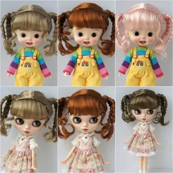 JD617  9-10inch 10-11inch  Full bangs with Double Braids pony Synthetic mohair BJD  wigs  Nero Blythes QBaby  doll accessories