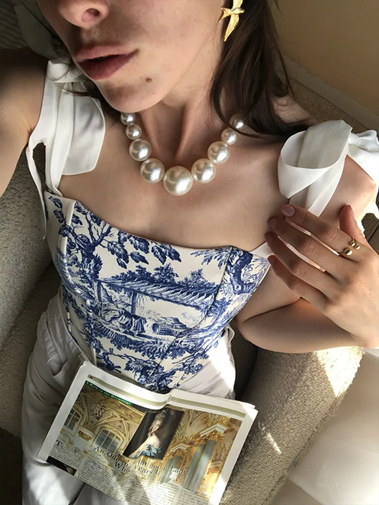 Bedruckte Schnür-Korsett-Tops für Damen, sexy, trägerlos, ärmellos, rückenfrei, schmal geschnitten, unregelmäßiger Saum, kurzes Top, neu, Partykleidung – Detail 21
