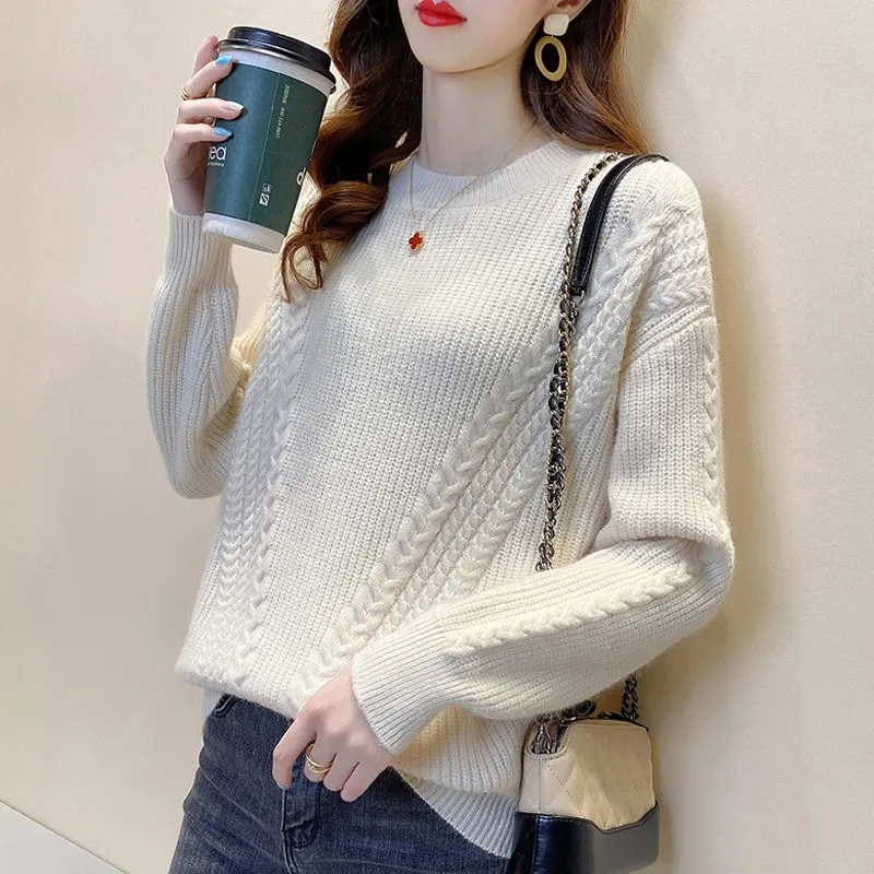 Women Autumn Round Neck Knitted Sweater Lantern Long Sleeve Solid Elegant Pullovers Korean Style Tops Office Lady Sweater NS5763