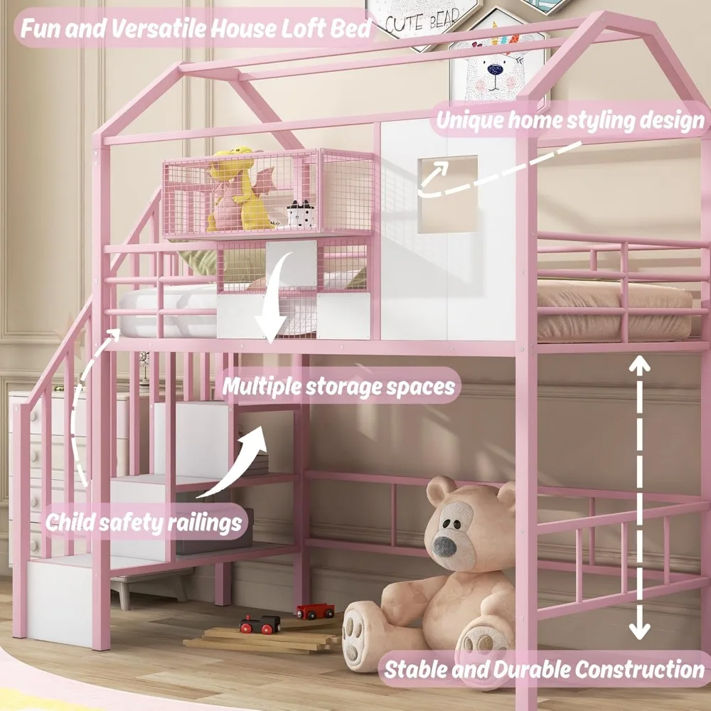 Twin Size House Loft Bed with Stairs and Storage, Heavy-Duty Metal Princess Loft Bed Frame with Storage Box and Safety Rail
