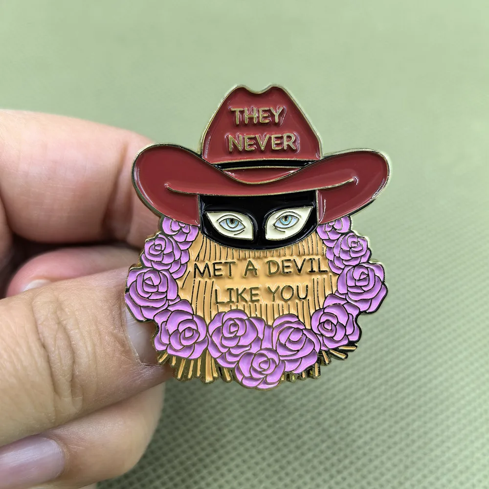 Metal Hard Enamel Lapel Pin Cowboy Mask Purple Rose Brooch Badge for Jackets Backpack Hats, Country Gothic Music Fan Gift