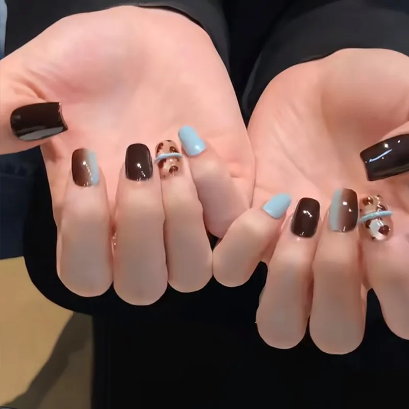 

24PCS Black Blue Leopard Short Square Press on Nails French Sweet Cool Color Block High End False Nails for Hot Girls Manicure