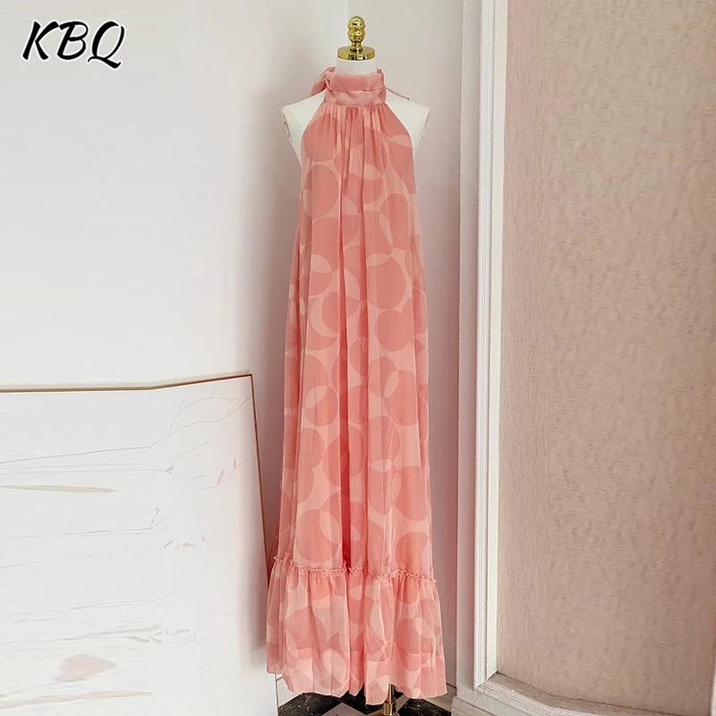 

KBQ Elegant Hit Color Dot Printing Chic Long Dresses For Women Round Neck Sleeveless Loose Elegant Dress Female Fashion Style