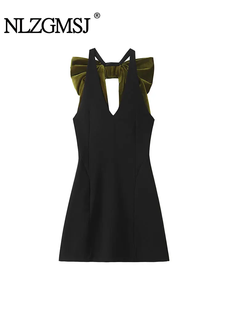 TRAF 2024 Autumn Suede Texture Mini Dresses Large Bow Decoration Sleeveless Sling Dress Women Party Dresses