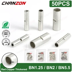 50PC BN1.25 BN2 BN5.5 Tinned Red Copper Non Insulated Butt Joint Wire Connector Kit Crimp Splices Cable Sleeve Terminal 22-10Awg