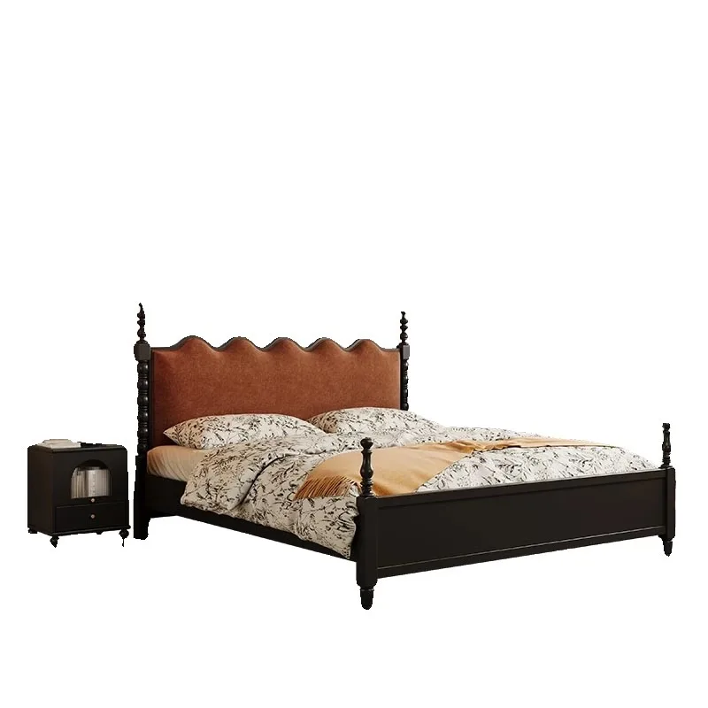 French retro solid wood bed antique double bed, wave soft bag silent bed