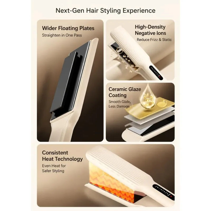 abbk-2-2in1ヘアストレートアイロン＆カールアイロン。濡れた髪にも乾いた髪にも使用可能。多段階温度調節機能付きで、様々なヘアスタイルに対応。euプラグ。