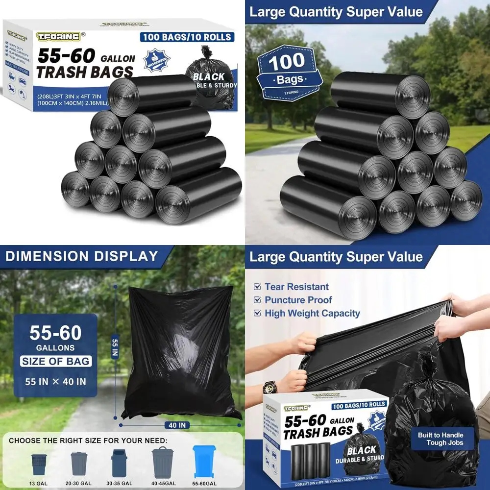 

Heavy-Duty 2.1 Mil 55-60 Gallon Black Garbage Bags, 39x55 Inches, 100 Pack, Extra Thick for Commercial Use