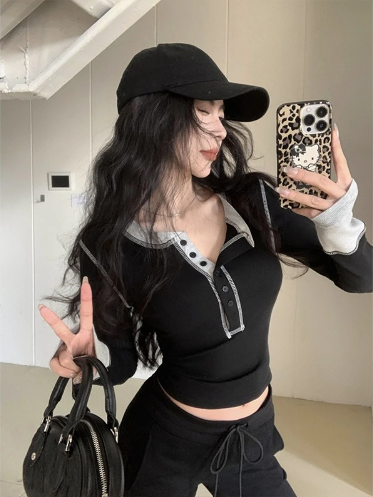 Women Vintage Button Up T Shirt Long Sleeve Cropped Top Contrast Stitching Structured Shoulder Casual Fall Pullover Streetwear