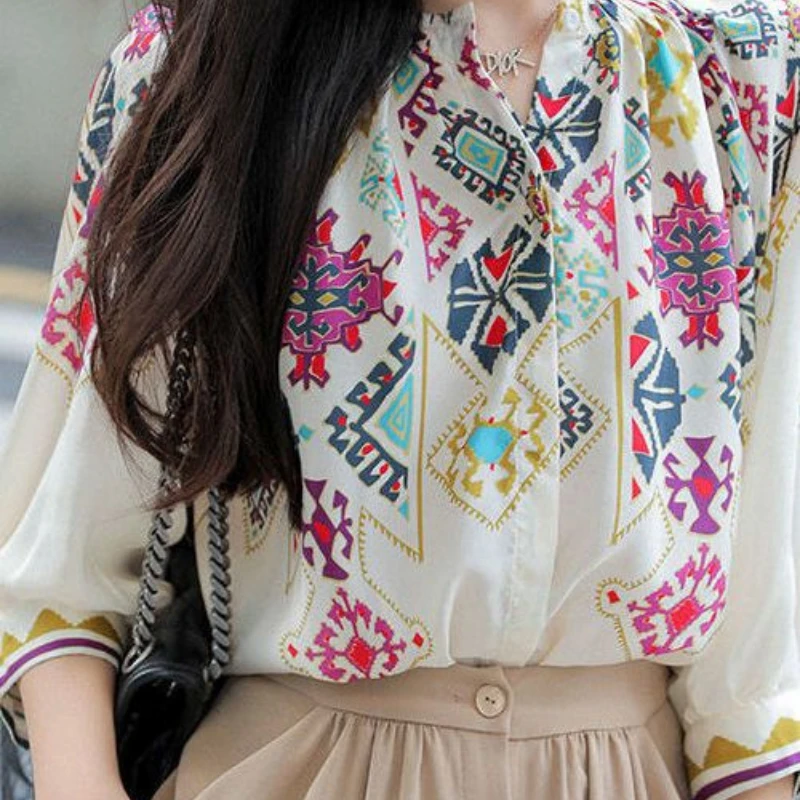 Summer New Round Neck Three Quarter Fashion Shirt Women High Street Casual Printing Button Cardigan Vintage Elegant Loose Tops