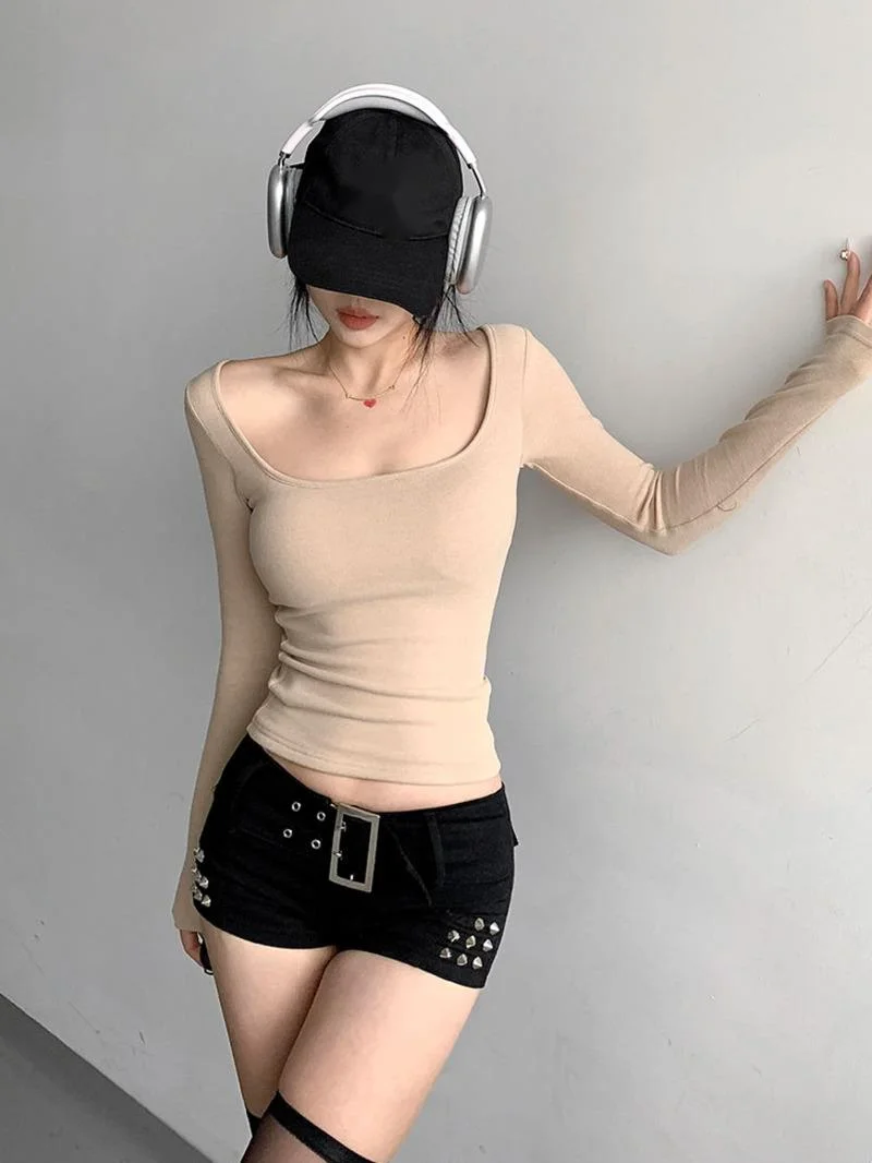 Spring/autumn New Long Sleeve Square Neck T-shirt Women Thin Style Cinching Waist Solid Leisure Versatile Short Top D587