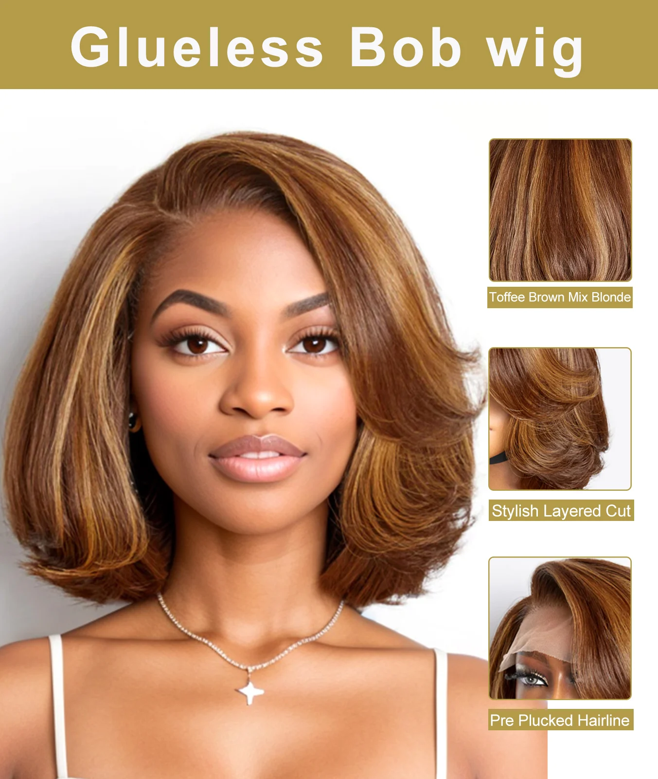 Toffee Brown Mix Blonde Glueless 5x5 HD Lace Closure Bob Wig Human Hair Pre Cut PrePlucked Side Part Short Bob Wig Ready To Go