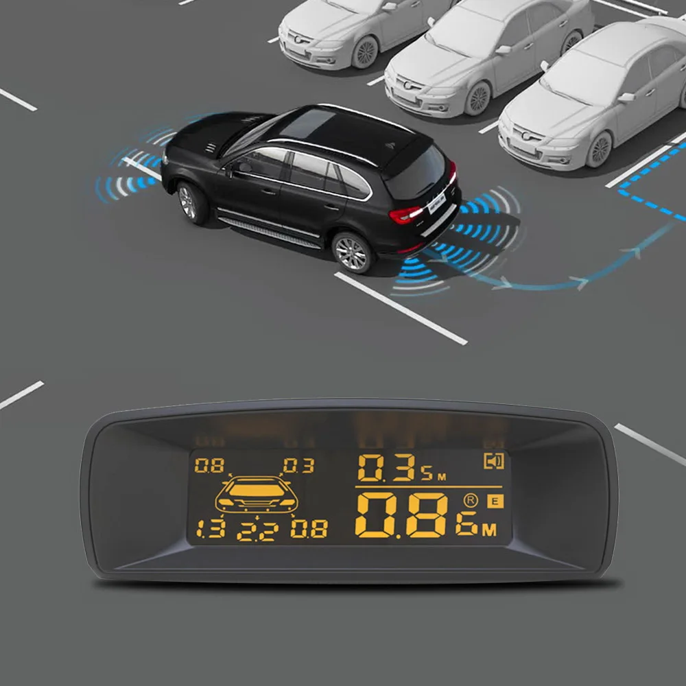 Sistema de 8 sensores de estacionamento para veículos, radar de backup reverso, kit assistente dianteiro e traseiro, pitrônico de detecção de distância automática