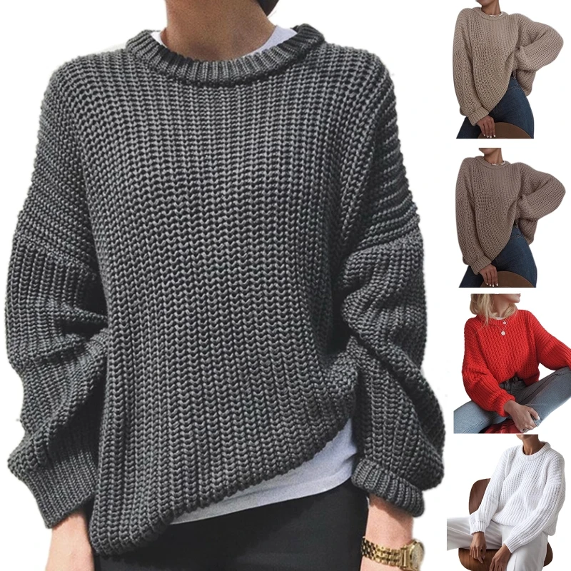 

Women Long Sleeve Chunky Knitted Sweater O-Neck Solid Color Loose Jumper Tops Dropship