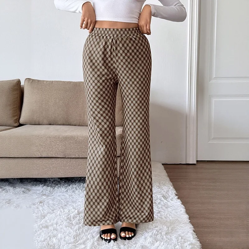 Women's Fashion Casual Elastic Waist Wide Leg Pants 2026 Spring and Autumn New Casual Pants Checkered Loose Cross border