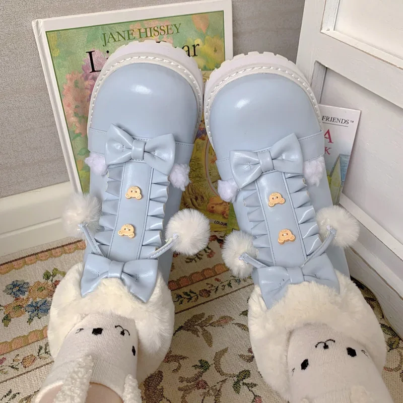 Bottes Lolita japonaises en PU pour femmes, Parker rond moelleux, Kawaii Anime Cosplay, chaussures Lolita, bottes de rinçage, plus velours, bottes Loli chaudes, hiver