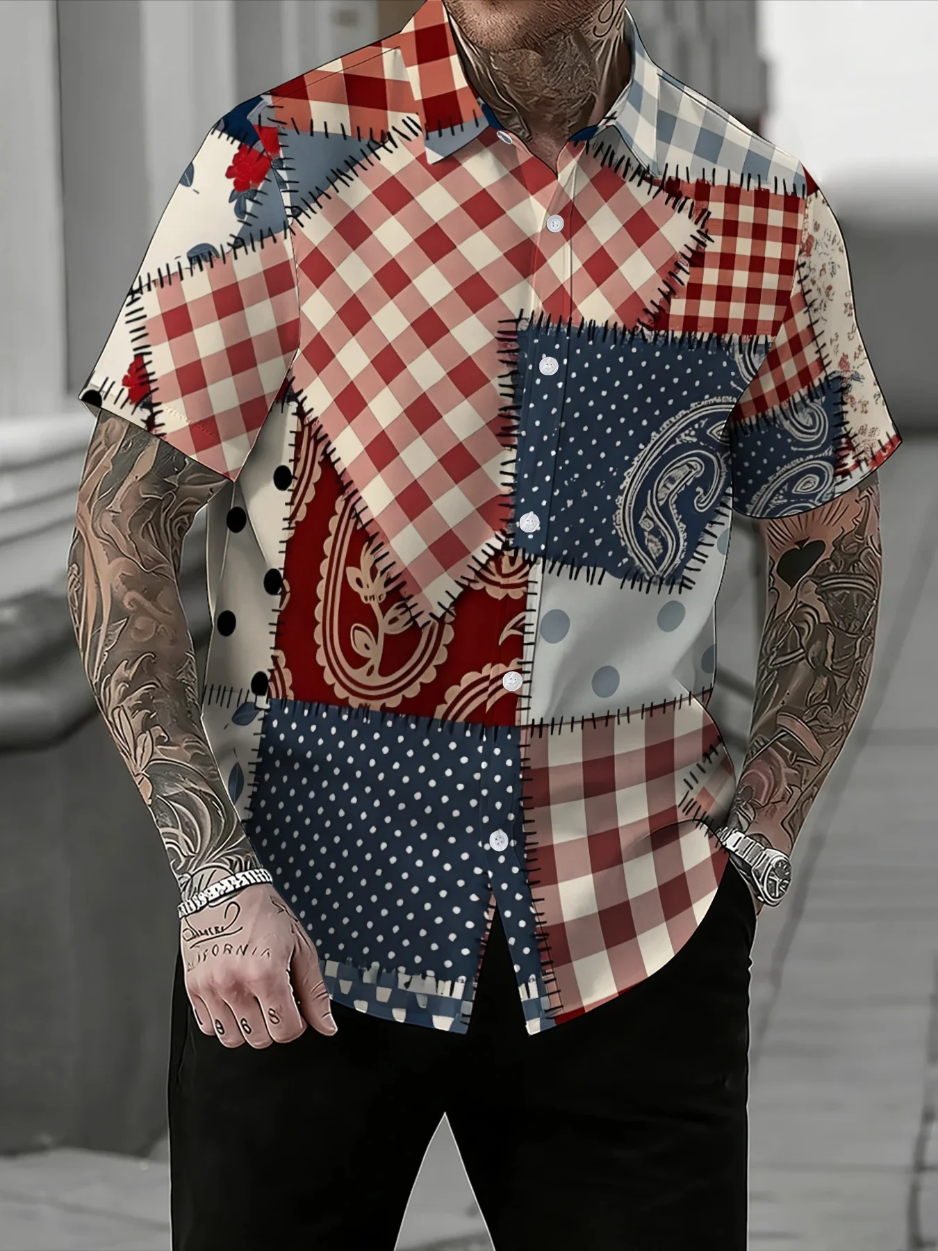 Farmhouse Retro Mixed Patchwork Men Shirt Gingham Paisley Polka Dot Stitch Design Short Sleeve Casual Top