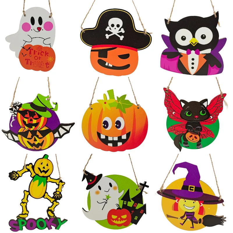 1pcs New Funny Halloween Wooden Pendant Pumpkin Ghost Decoration