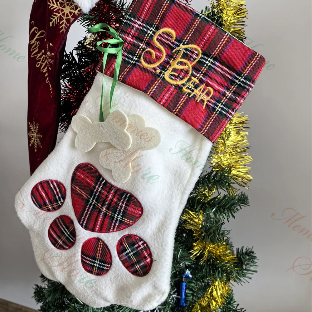 

Pet Dog Stocking Personalized Name Christmas Paw Socks Kids Gift Candy Bag Christmas Tree Pendants New Year Decorative Supply