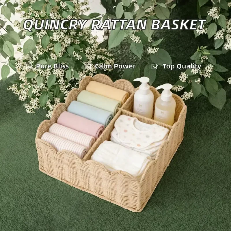 Quincry rattan natural divider scalloped diaper basket 15 deep X 13.2 wide X 5.3 high 4 baffles for baby rooms and bathrooms