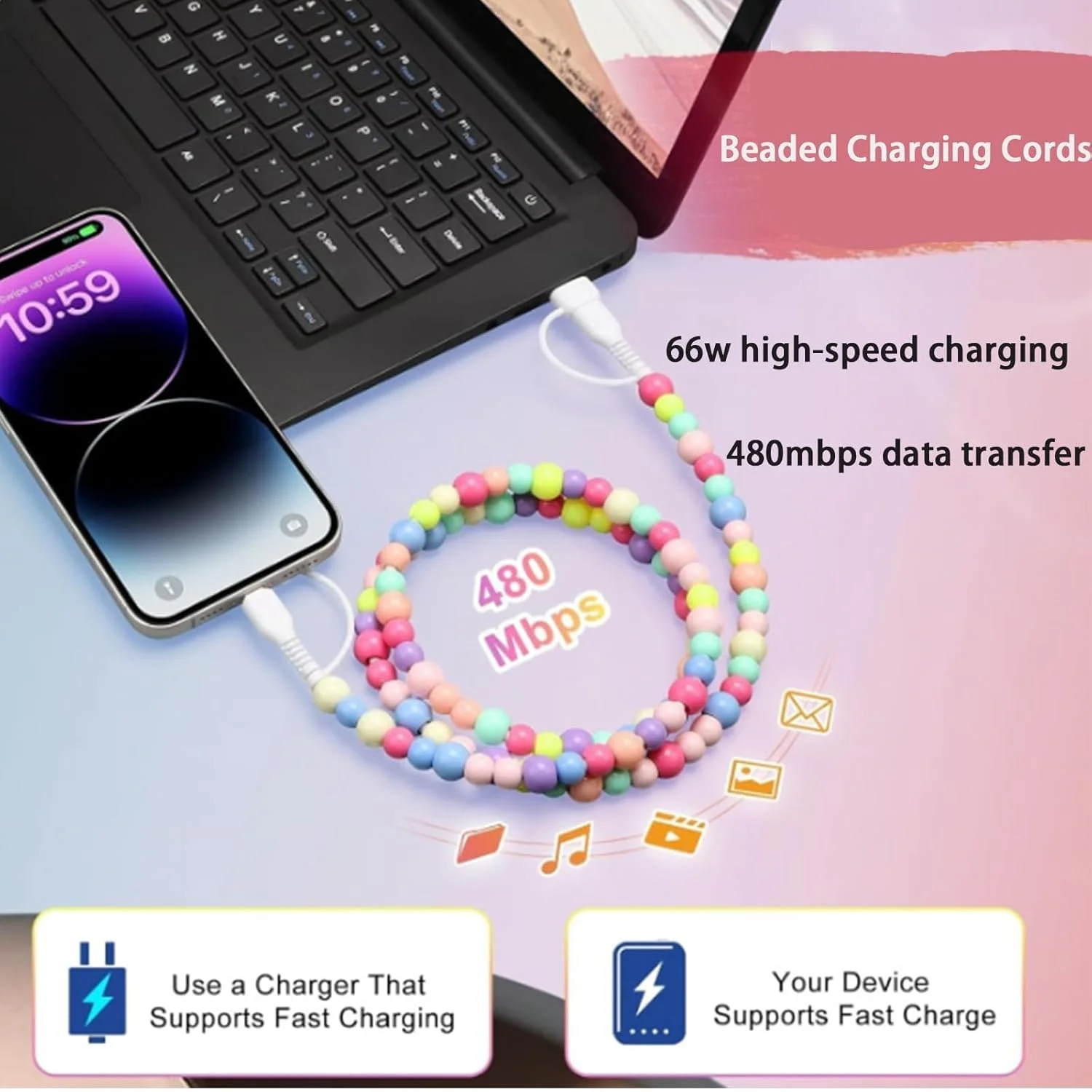 KUTOU Beaded Charging Cord Colorful Beaded 4-in-1 Data Cable Fast Charging Cable 3.3ft for Girls Women iPhone 16 Pro/16 Pro Max