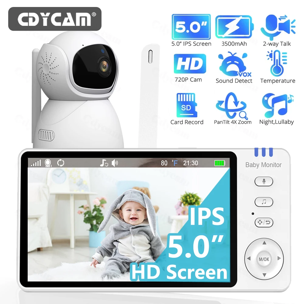 5''IPS Screen Video Baby Monitor Pan-Tilt-Zoom Camera Electronic Babysitter 2-Way Talk Night Vision Temperature lullaby SD Card