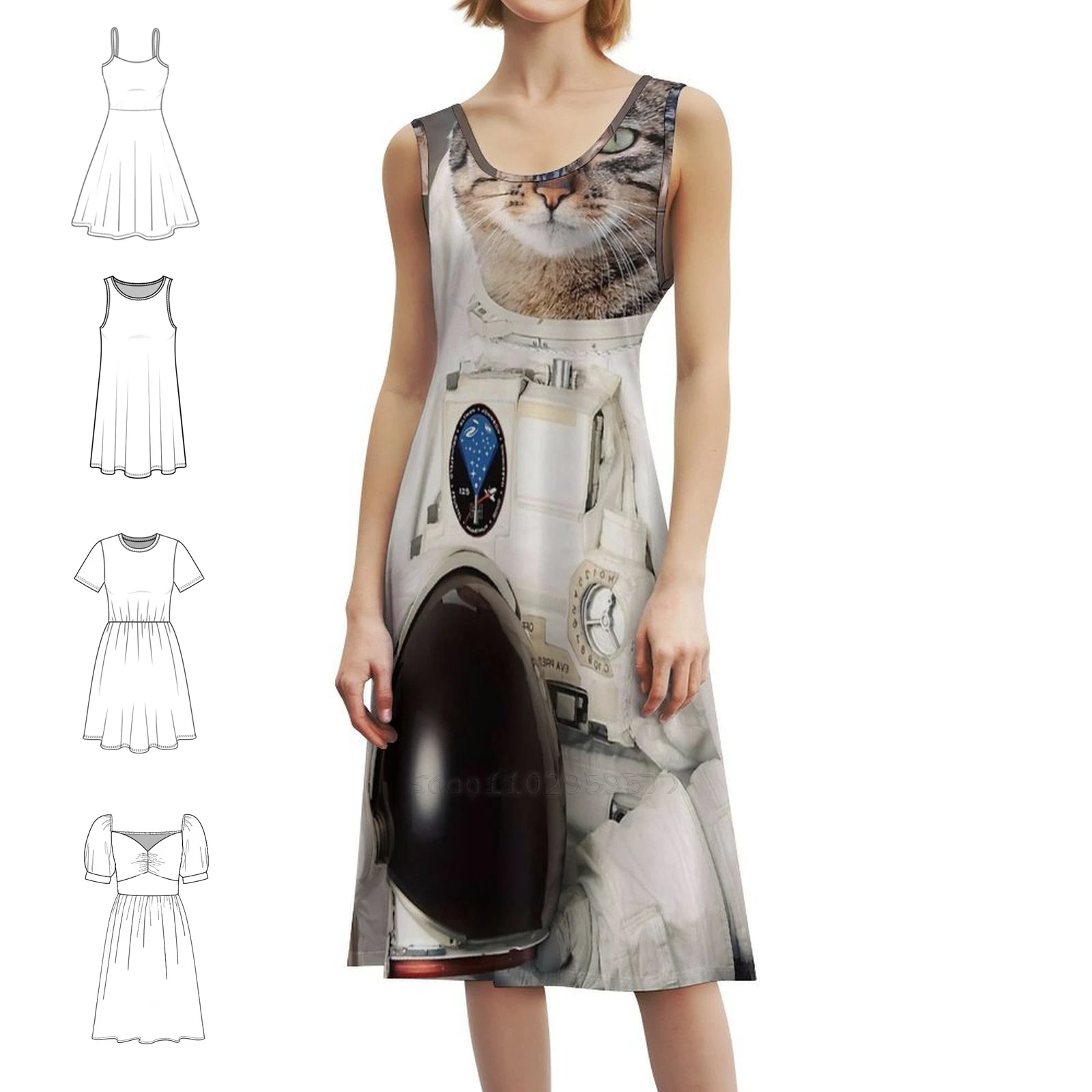Astro Cat Poster Korean Style Dress For Women Elegant Casual Dress For Party Or Daily Wear Cat Space Astronaut Cute Astro Astro