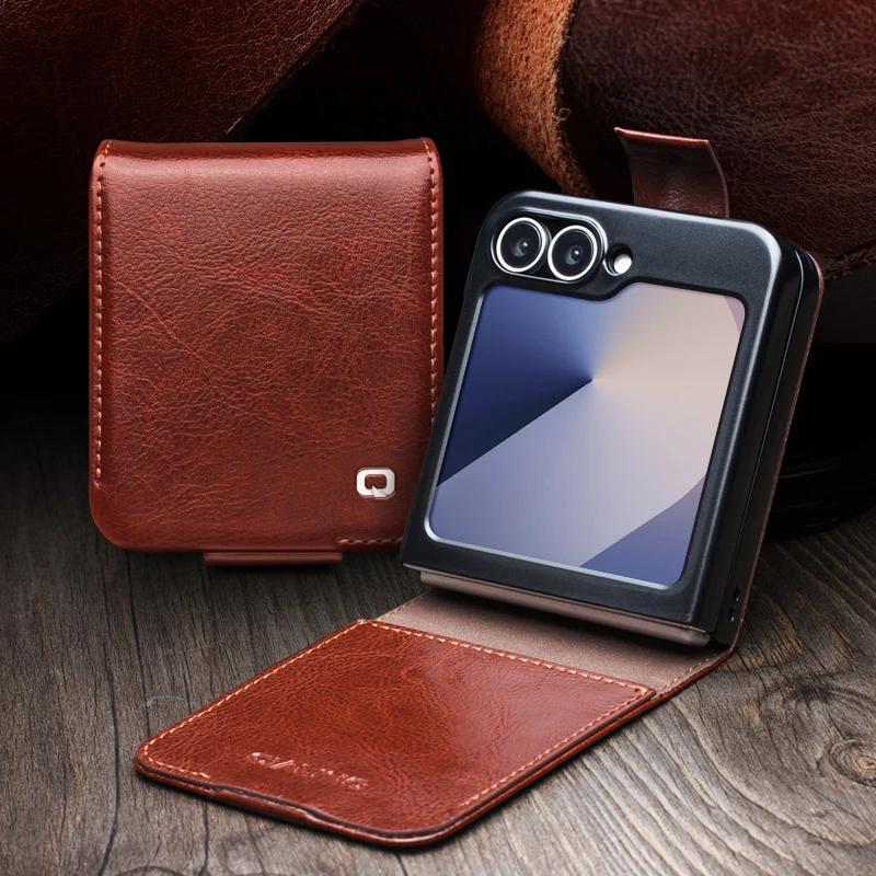 

QIALINO Natural Genuine Leather Case for Samsung Galaxy Z Flip 6 5G Premium Cowhide Wallet Cover for Samsung Z Flip 6 Case