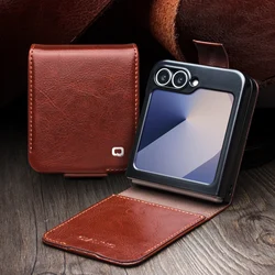 QIALINO Natural Genuine Leather Case for Samsung Galaxy Z Flip 6 5G Premium Cowhide Wallet Cover for Samsung Z Flip 6 Case