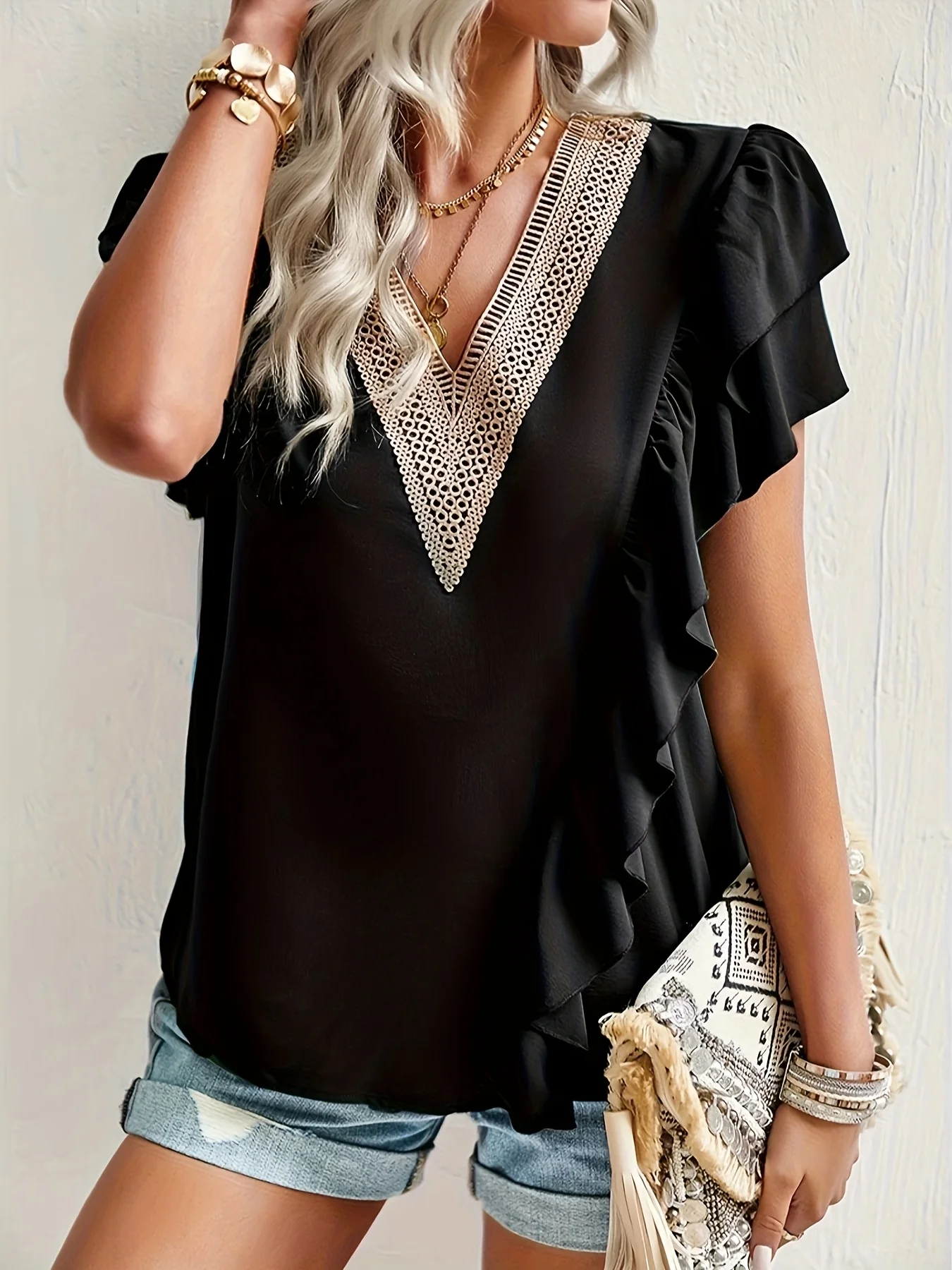 قميص نسائي أسود مقاس كبير قميص صيفي أنيق أنيق قميص نسائي كاجوال عصري أسود #1