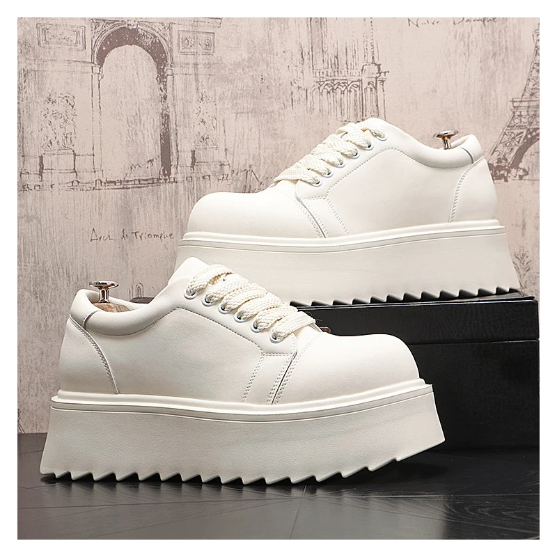 England style mens fashion stage nightclub high platform shoes lace-up natural leather derby shoe black white sneakers footwear