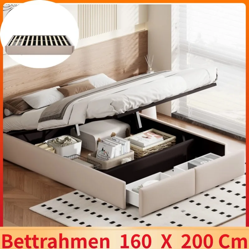 Flat bed upholstered Bed 160x200 cm,Double bed,Adult bed with 2 drawers and slatted base, without headboard, Linen